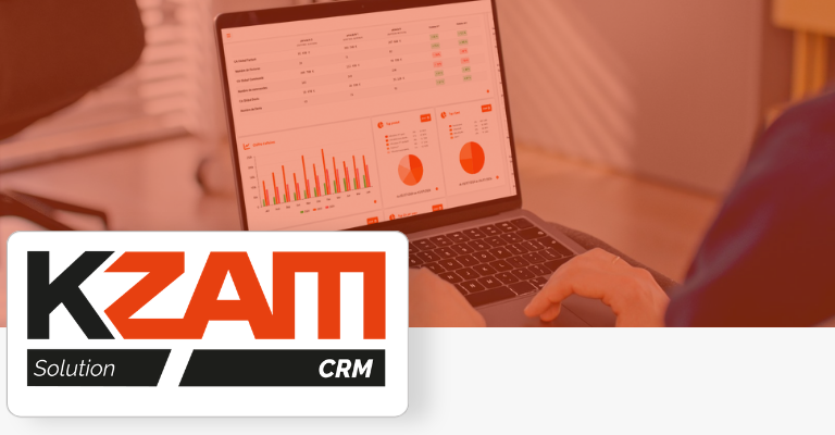 K-ZAM CRM — Tableau de bord commercial sur laptop, connecté à Sage X3